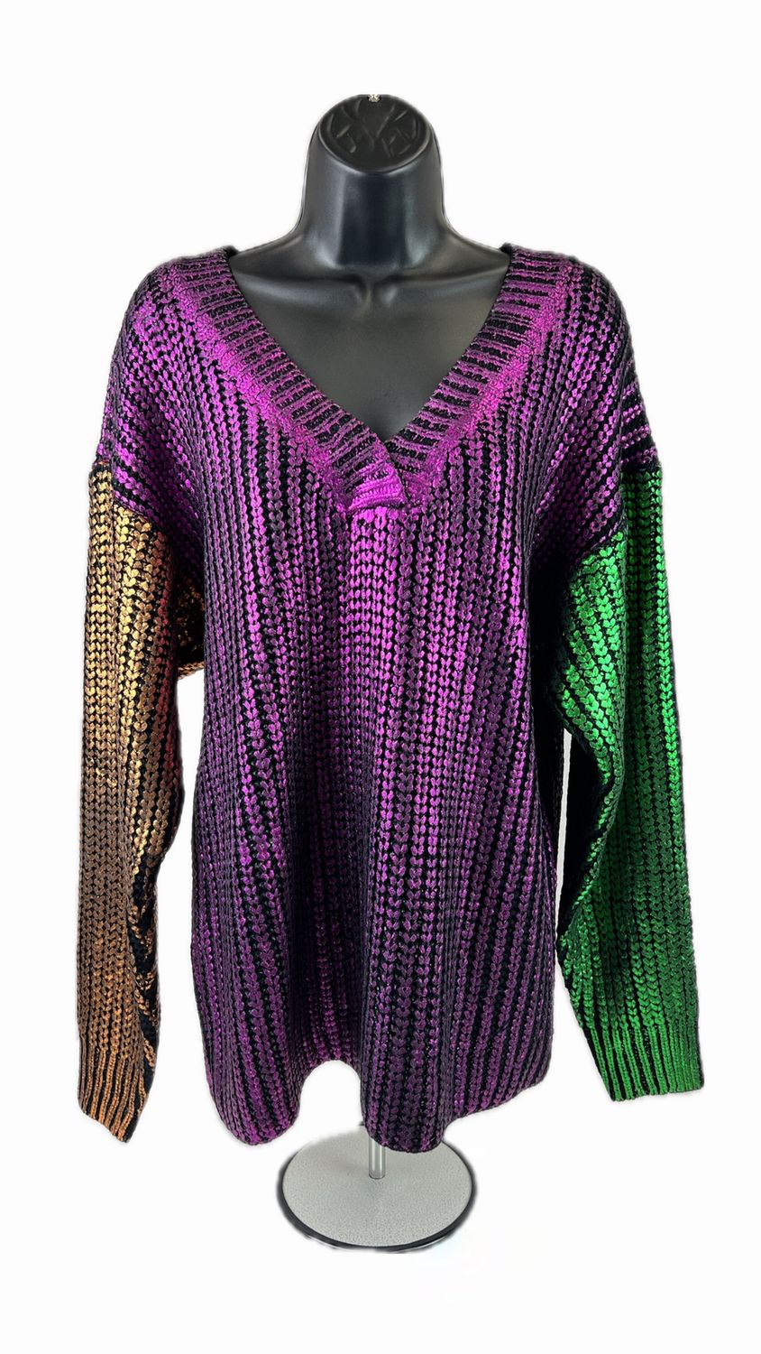 Mardi Gras Metallic Color Block V-Neck Sweater - X-Large (Each)