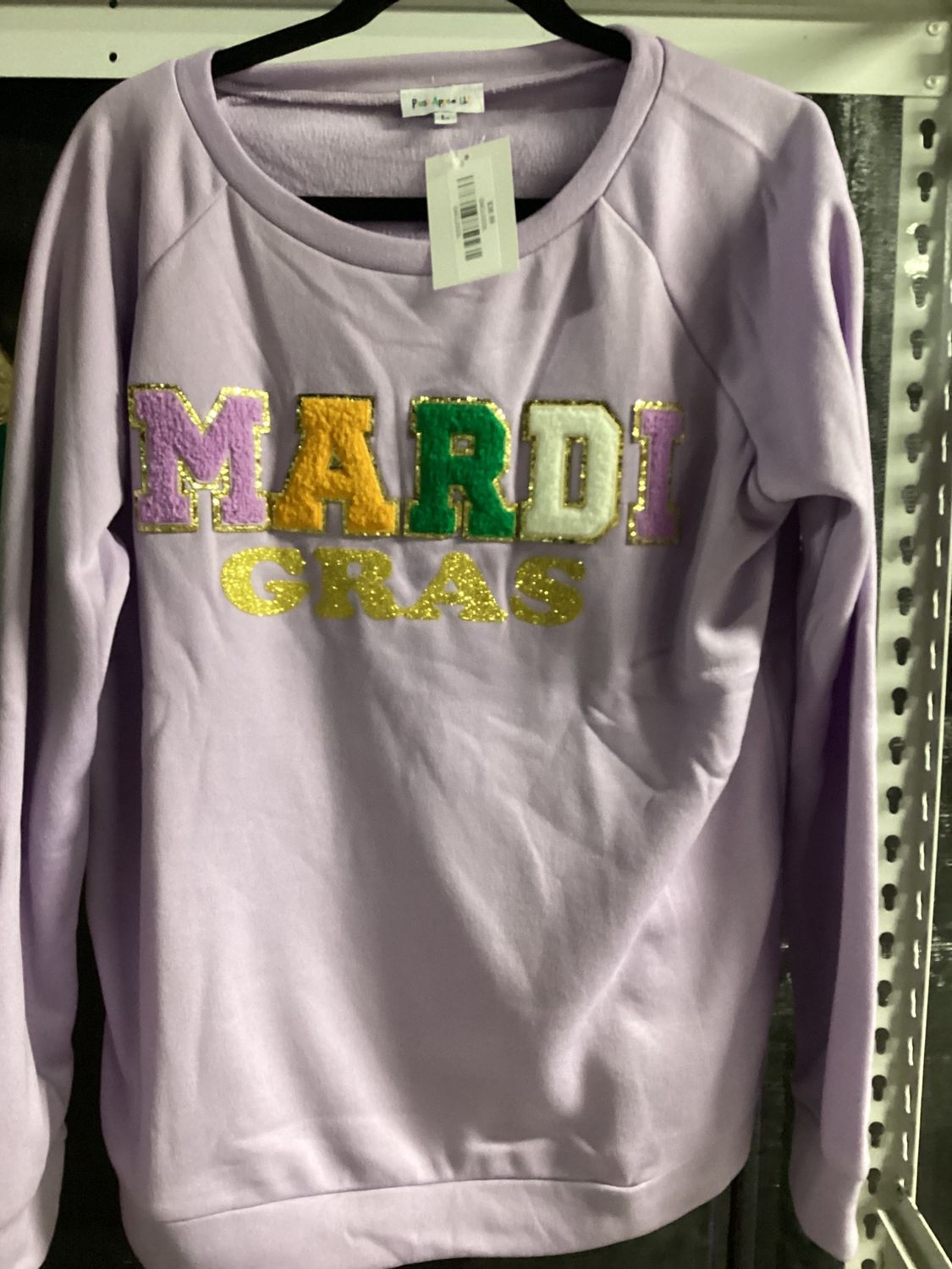Mardi Gras Letter Patches And Glitter Print Lavender Pullover - Small (Each)