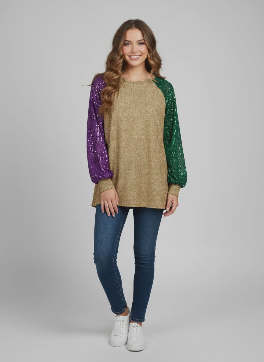 Mardi Gras Sequin Color Block Metallic Long Sleeve Knit Top - Large (Each)