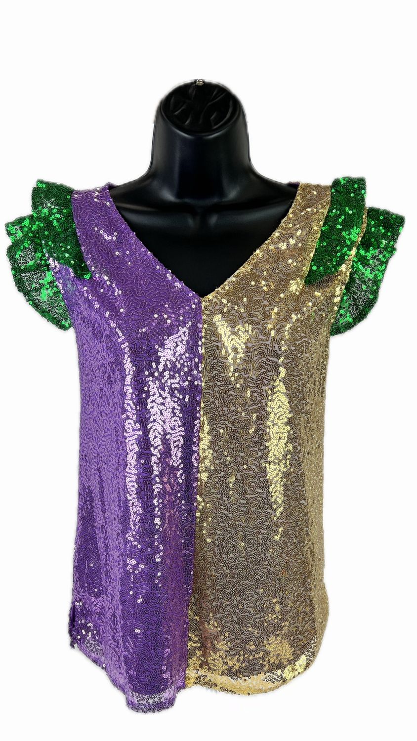 Mardi Gras Sequin Color Block Top with Double Ruffle Sleeve Detail - Medium (Each)