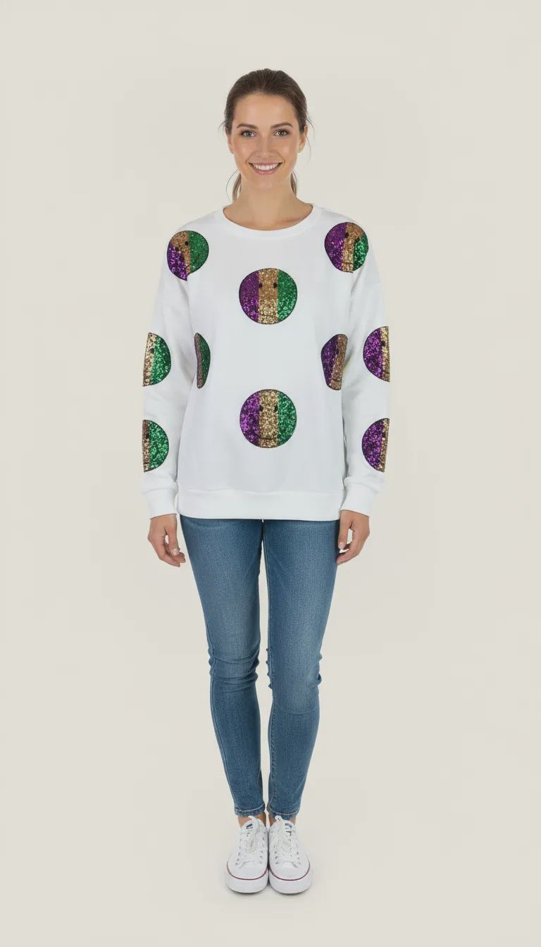 Mardi Gras Sweatshirt with Smiley Sequin Patches - Small (Each)