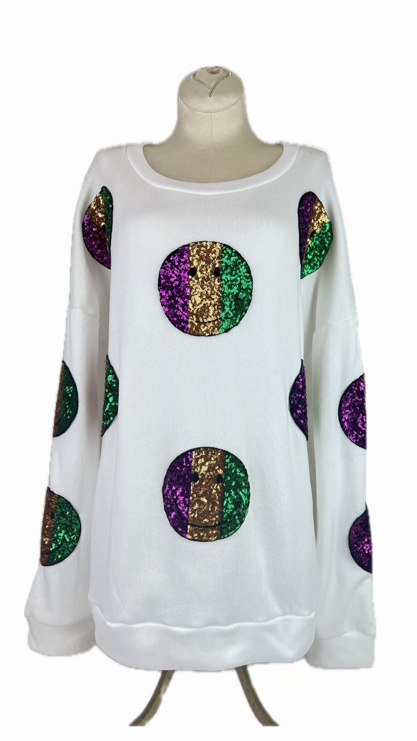 Mardi Gras Sweatshirt with Smiley Sequin Patches - Medium (Each)