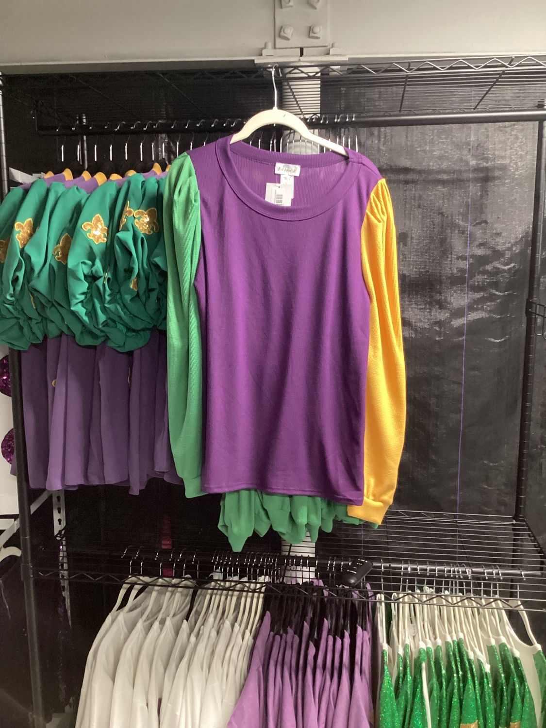 Mardi Gras Thermal Color Block Puff Sleeves Top - Small (Each)