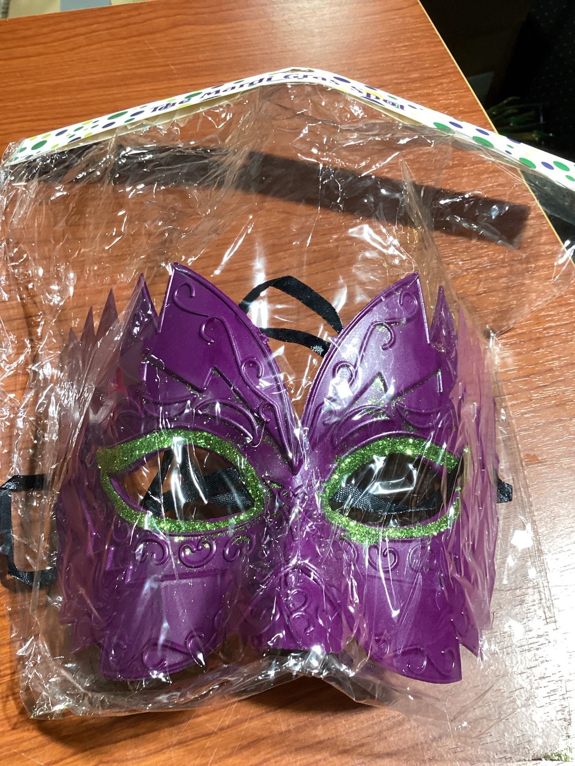 Matte Tall Purple, Green and Gold Mask with Ribbon Tie (Each)