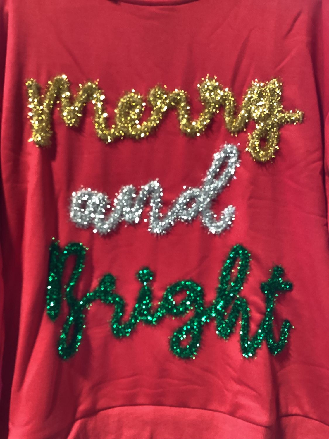 Merry and Bright Tinsel Metallic Lettering Red Christmas Pullover- XLarge (Each)