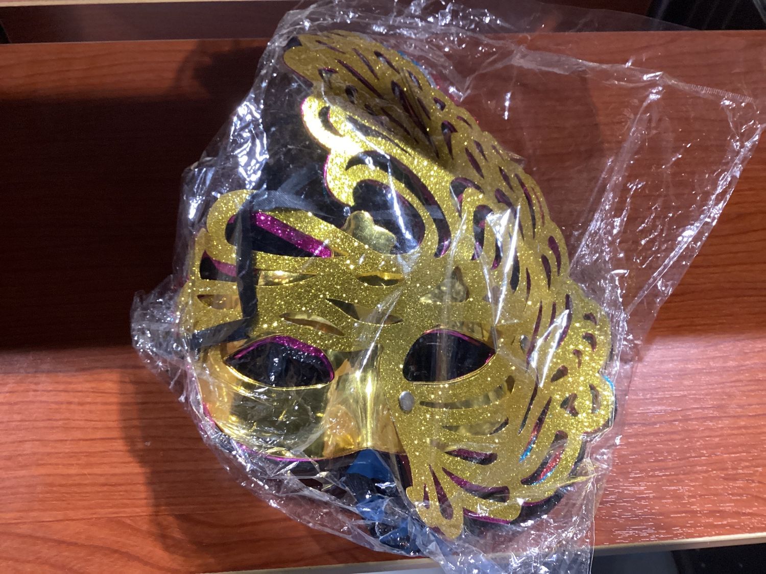 Metallic Hard Plastic Mask with Glitter Swirl and Ribbon Tie - Assorted Colors