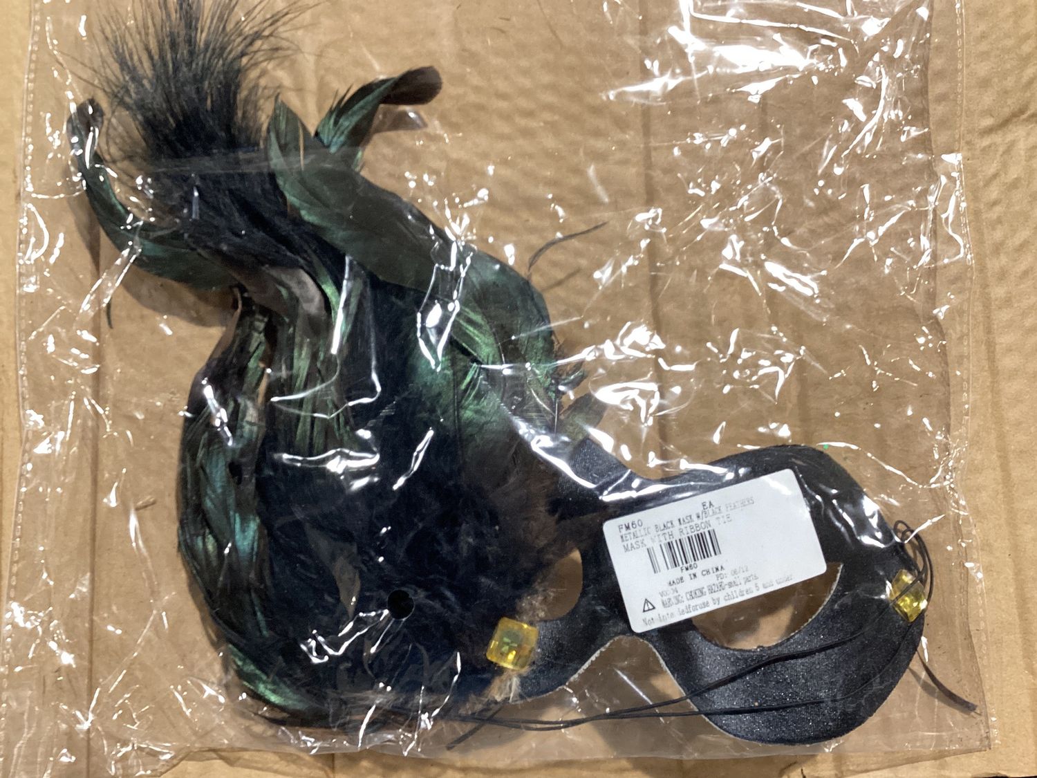 Metallic Black Mask with Black Feathers and Gold Stones (Each)