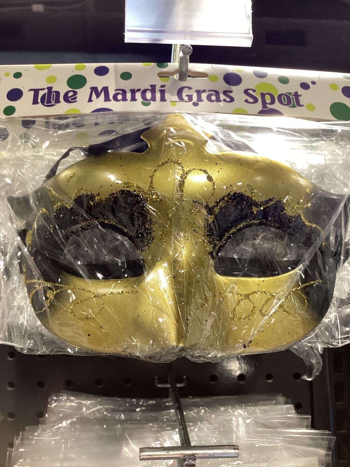 Metallic Gold Mask with Black Accents and Glitter and Ribbon Tie (Each)