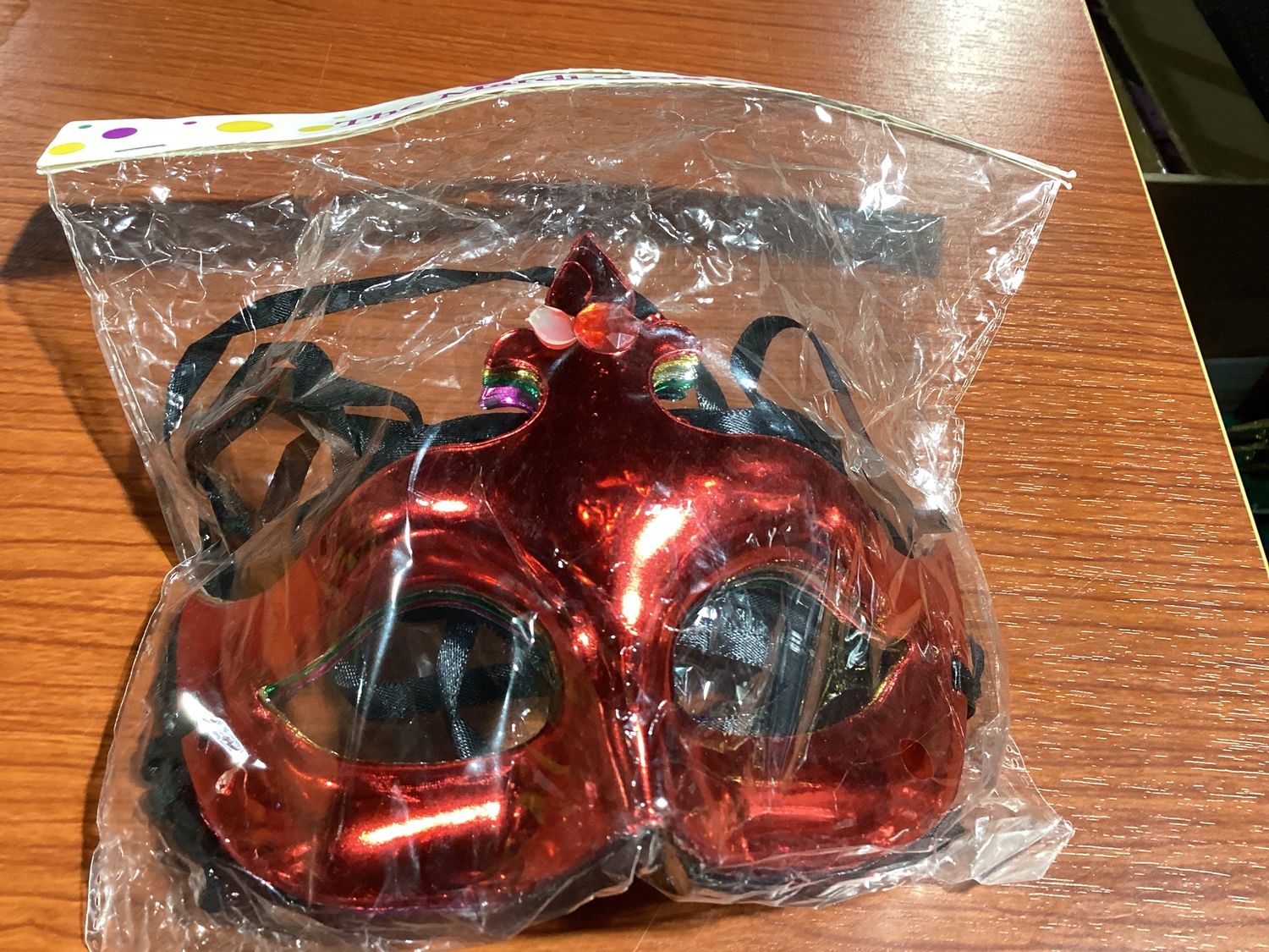 Metallic Masquerade Mask with Jewel and Ribbon Tie - Assorted Colors (Pack of 6)