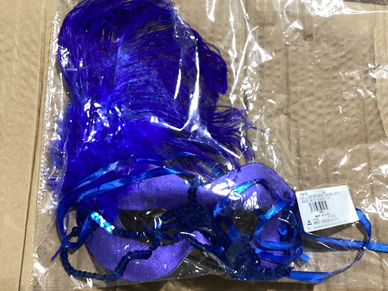 Metallic Royal Blue Mask with Royal Blue Feathers, Sequin, and Ribbon Streamers and Tie (Each)