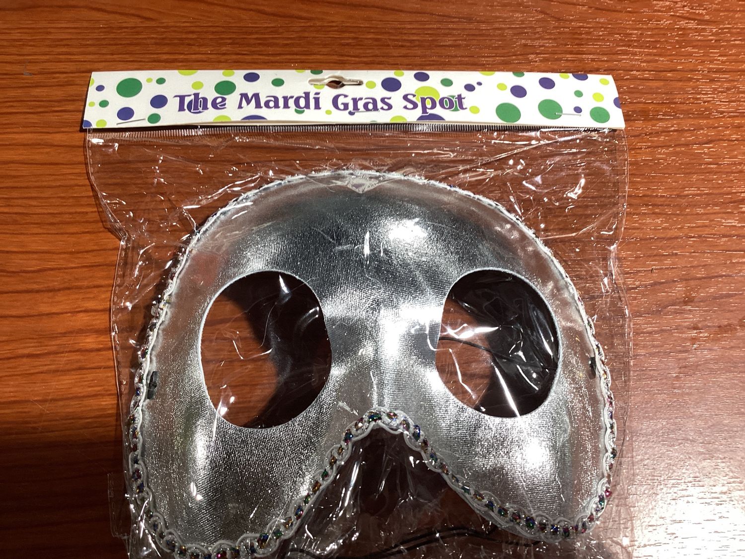 Metallic Silver Half Masquerade Mask with Rainbow Tinseled Crimped Trim and Elastic Band (Each)