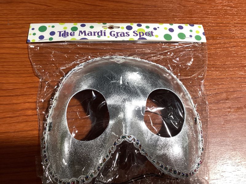 Metallic Silver Half Masquerade Mask with Rainbow Tinseled Crimped Trim and Elastic Band (Each)