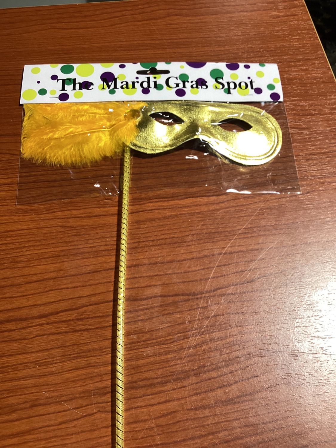 Metallic Gold Mask with Gold Feathers on Side with Gold Handle