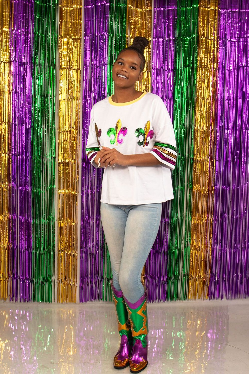 Off White Mardi Gras Sequin Fleur De Lis Patch Top - Large (Each)