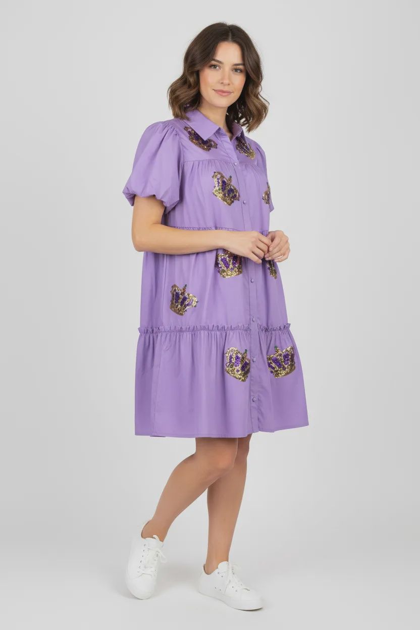 Puff Short Sleeve Tiered Dress with Sequin Crowns - Small (Each)