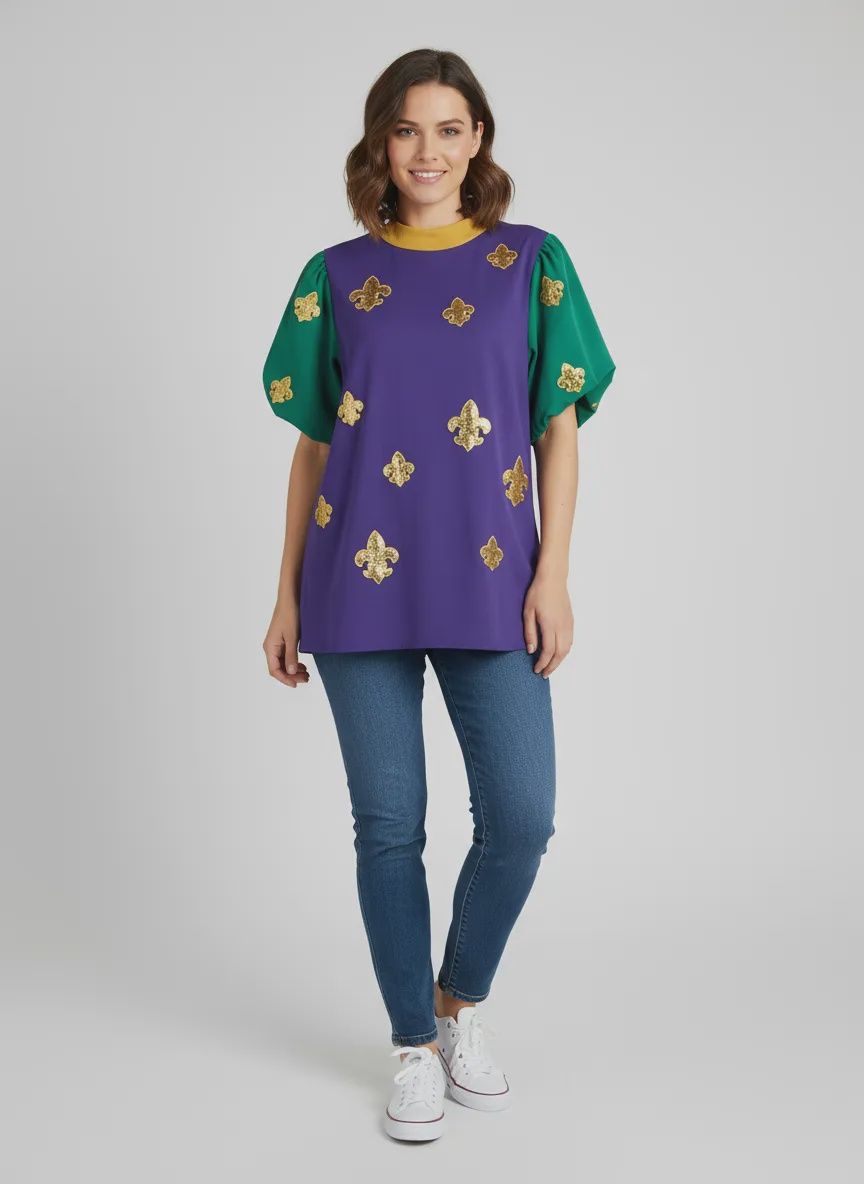 Puff Sleeve Mardi Gras Color Block Top with Sequin Fleur De Lis Patches - Large (Each)