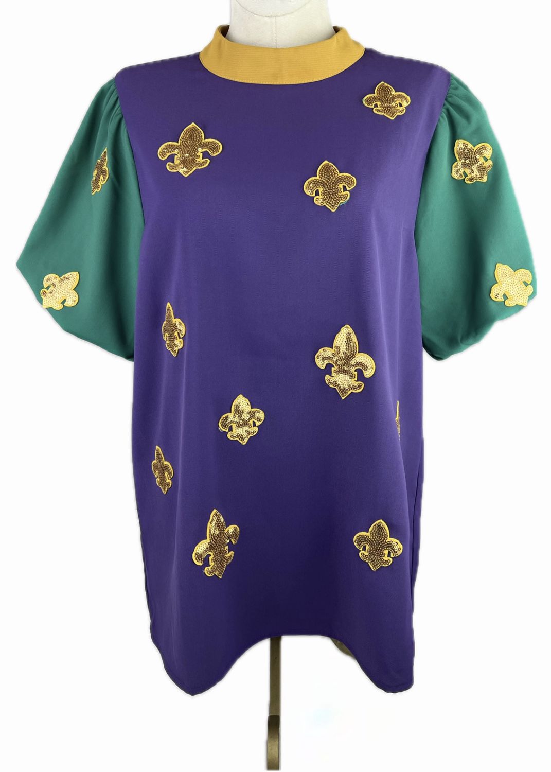 Puff Sleeve Mardi Gras Color Block Top with Sequin Fleur De Lis Patches - XLarge (Each)