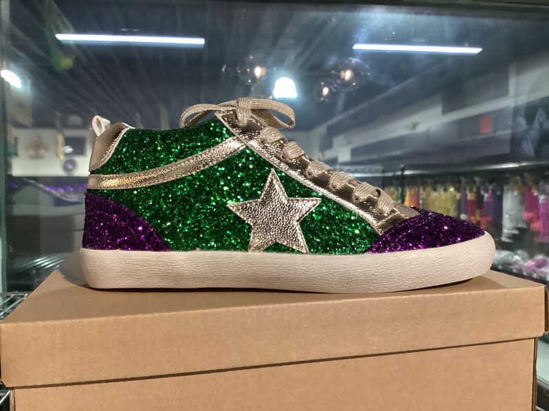 Purple and Green Mardi Gras Hi Top Star Sneakers with Gold Trim and Gold Star - Size 9 (Pair)