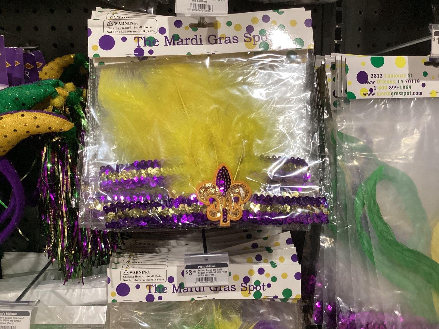 Purple and Gold Sequin Headband with Fleur de Lis and Feathers