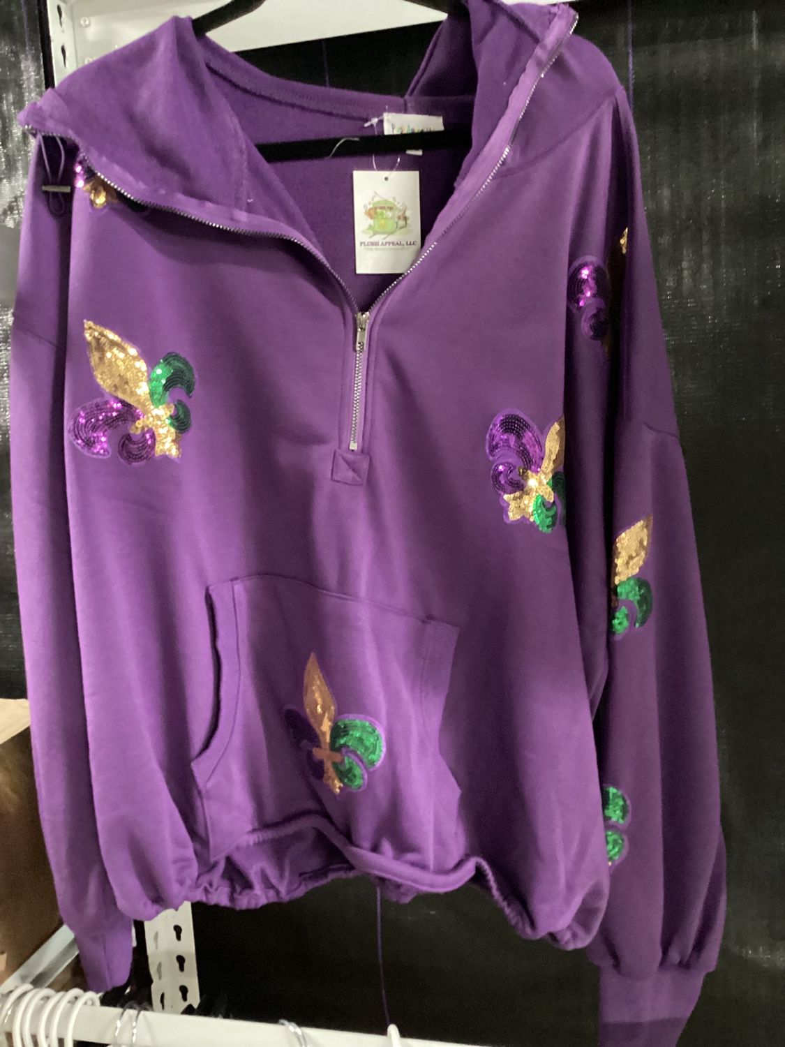 Purple Half Zip Oversized French Terry Hoodie with Fleur De Lis Sequin Patches - XLarge (Each)