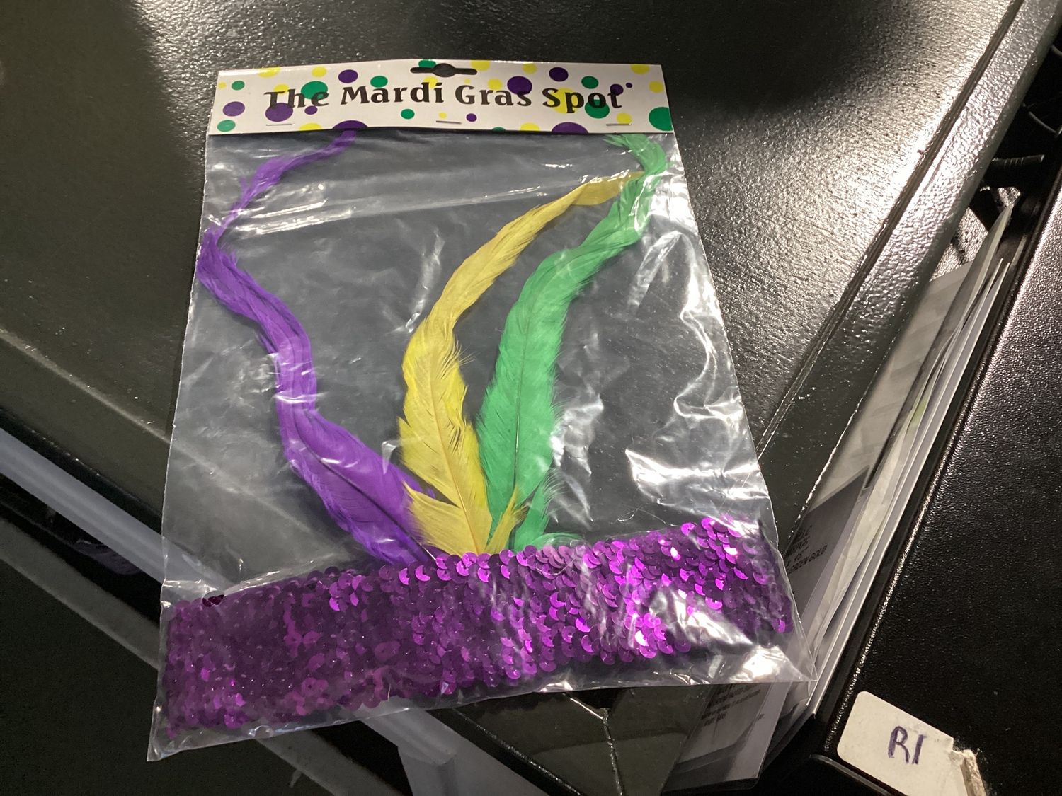 Purple Sequin Headband with Purple, Green and Gold Feather on Side (Each)