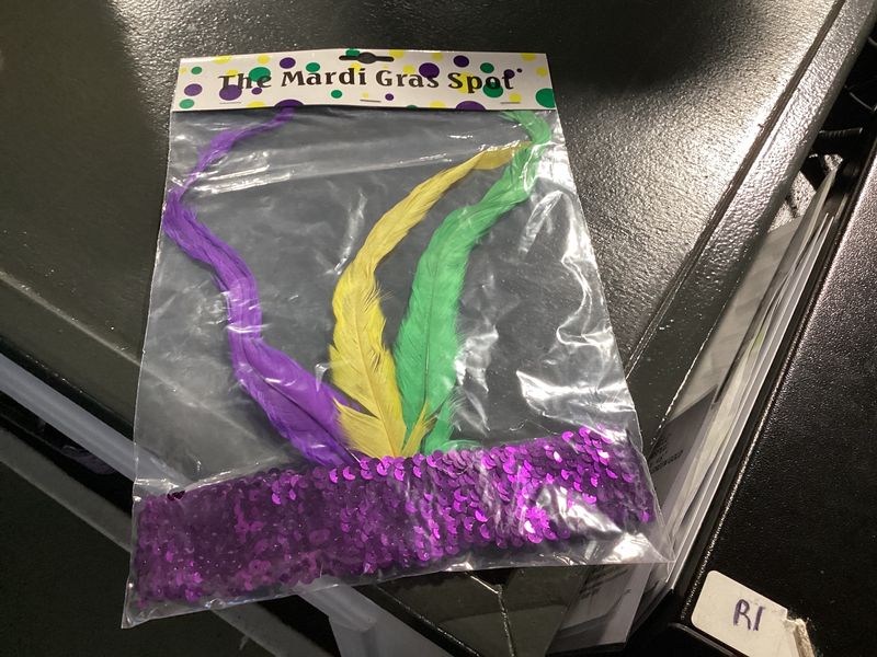 Purple Sequin Headband with Purple, Green and Gold Feather on Side (Each)