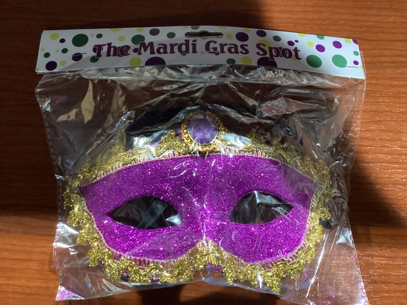 Purple Glittered Mask with Gold Trim and Purple Stone and Ribbon Tie
