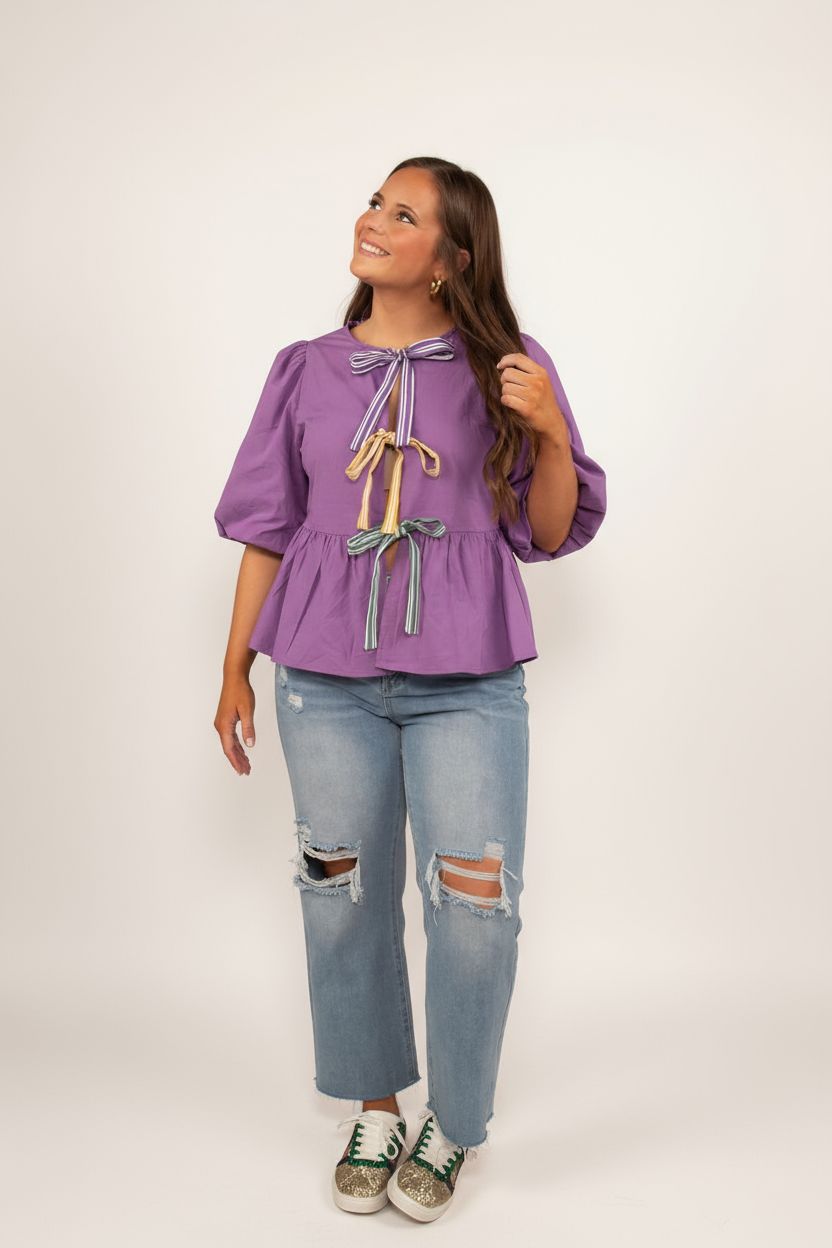 Purple Mardi Gras Front Tie Peplum Blouse - X-Large (Each)