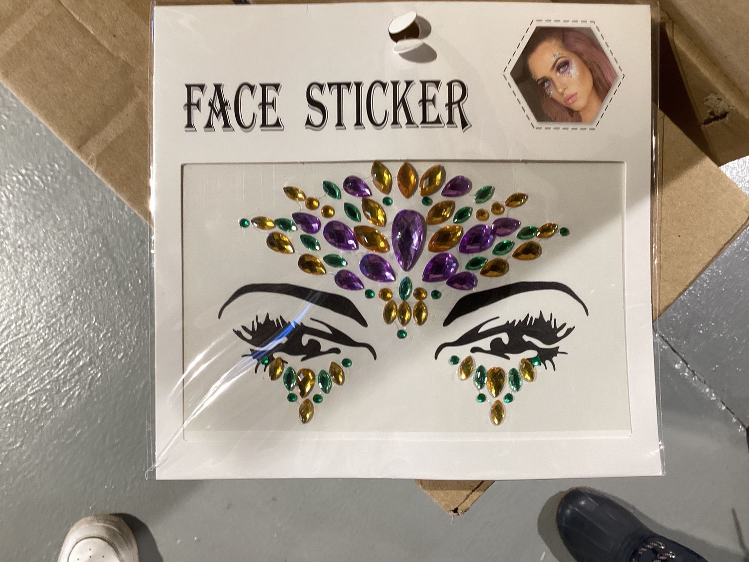 Purple, Green and Gold Mardi Gras Crystal Stick on Face Jewels Mask (Each)