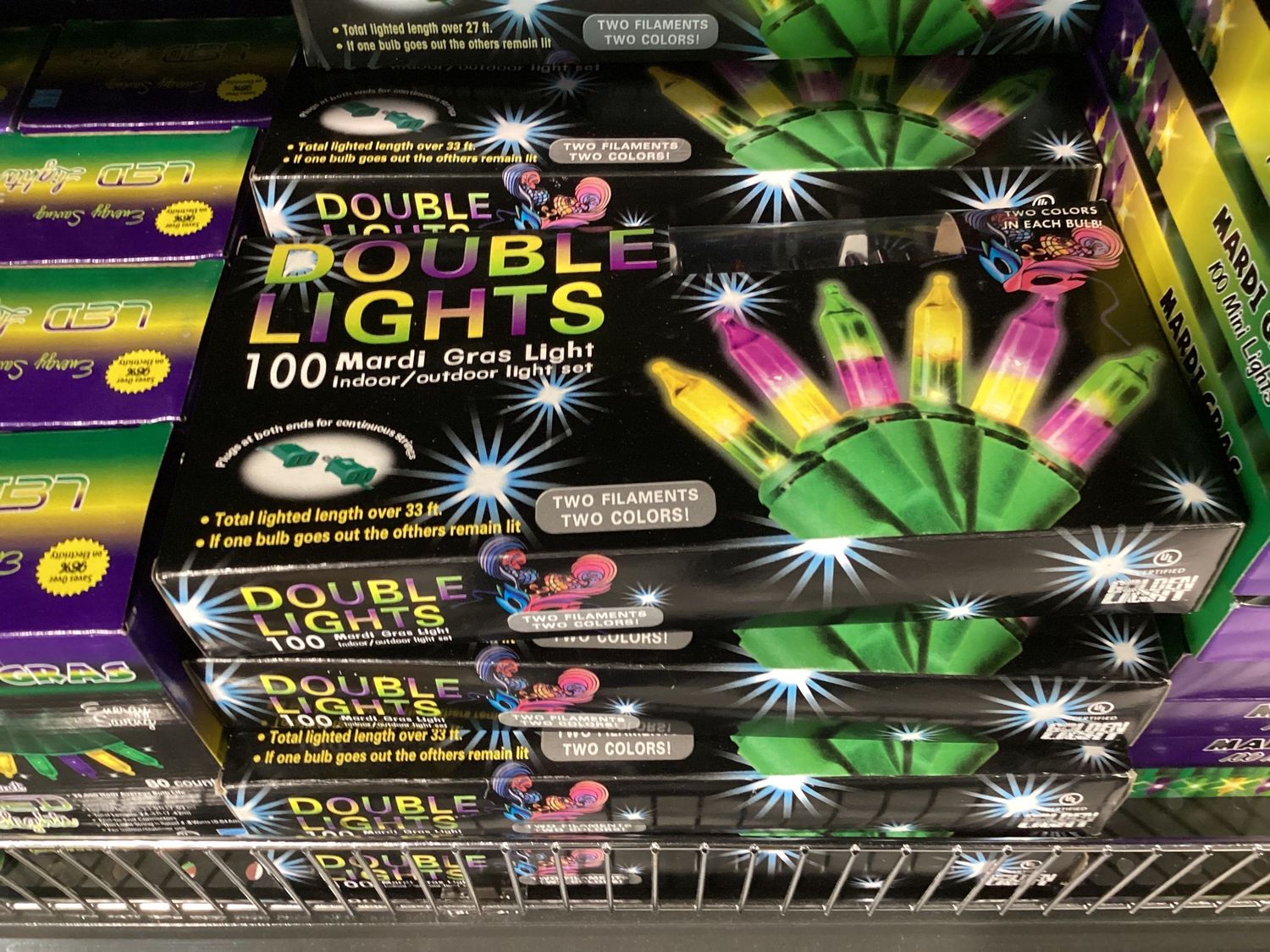 Purple, Green and Gold Mini Mardi Gras String of 100 Lights Double Filament 22&#39; (Each)