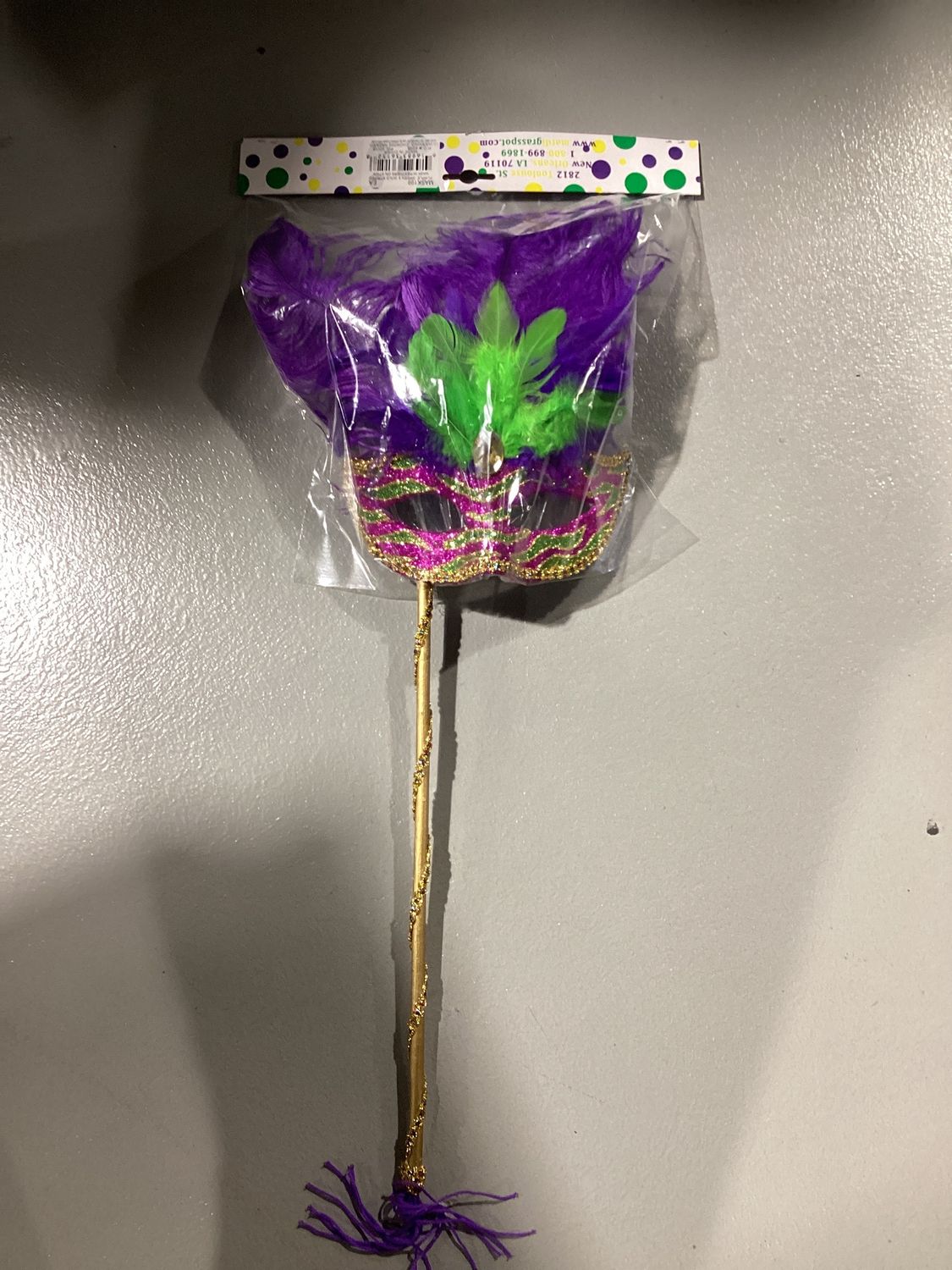 Purple, Green and Gold Striped Mask with Feathers on Stick (Each)