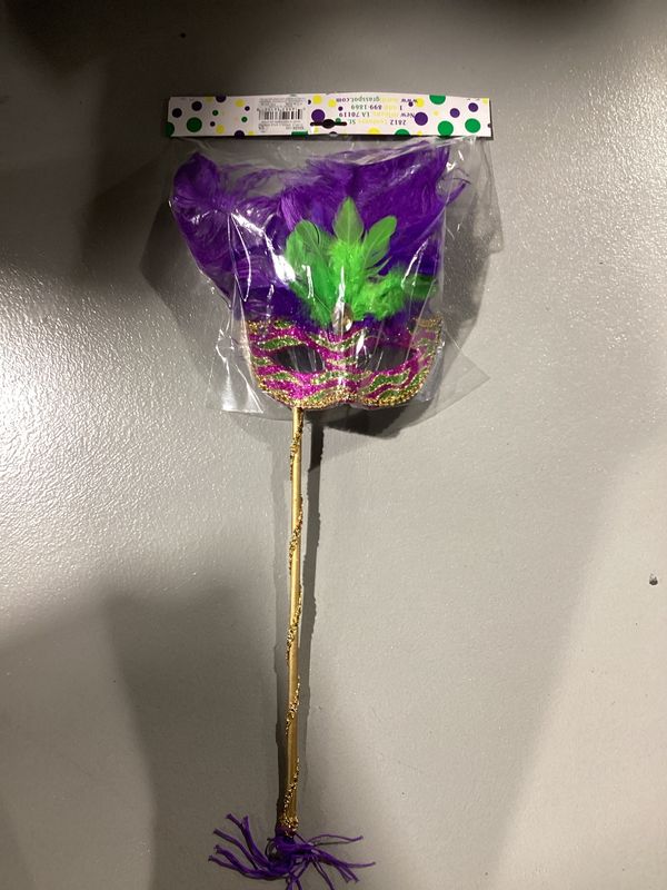 Purple, Green and Gold Striped Mask with Feathers on Stick (Each)