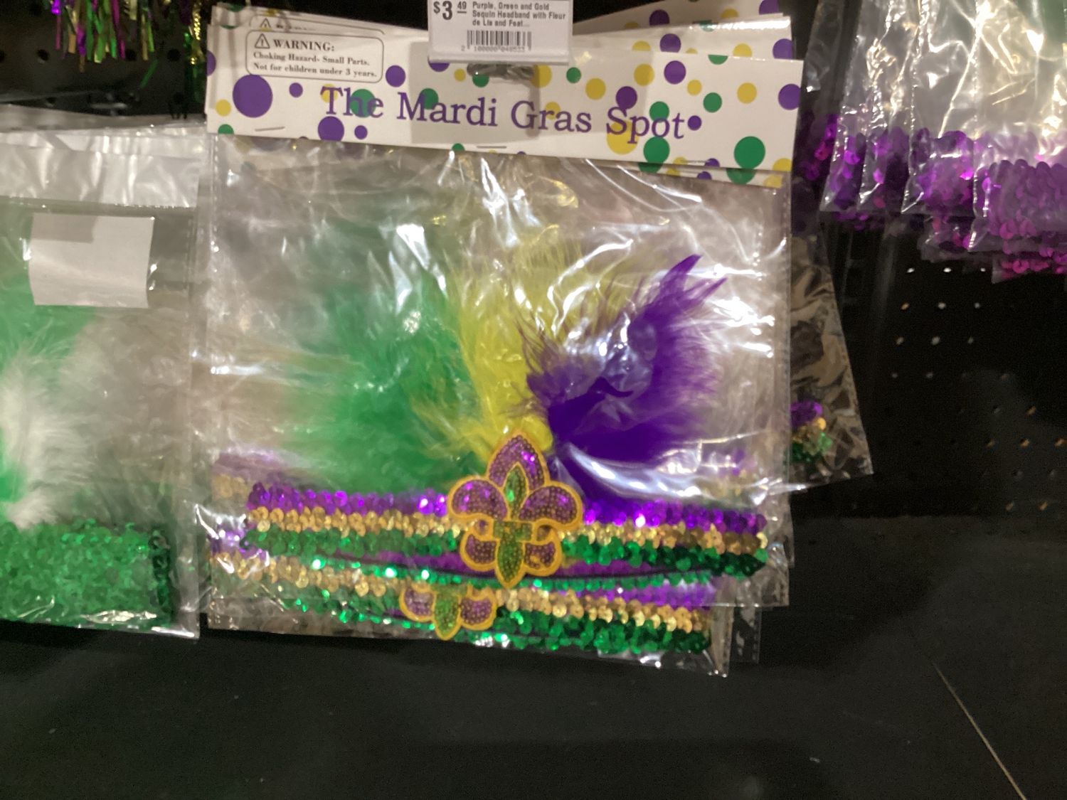 Purple, Green and Gold Sequin Headband with Fleur de Lis and Feathers (Each)