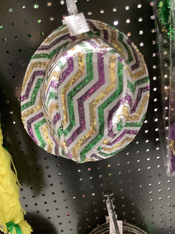 Purple, Green and Gold Sequins Stripes on White Fedora (Each)