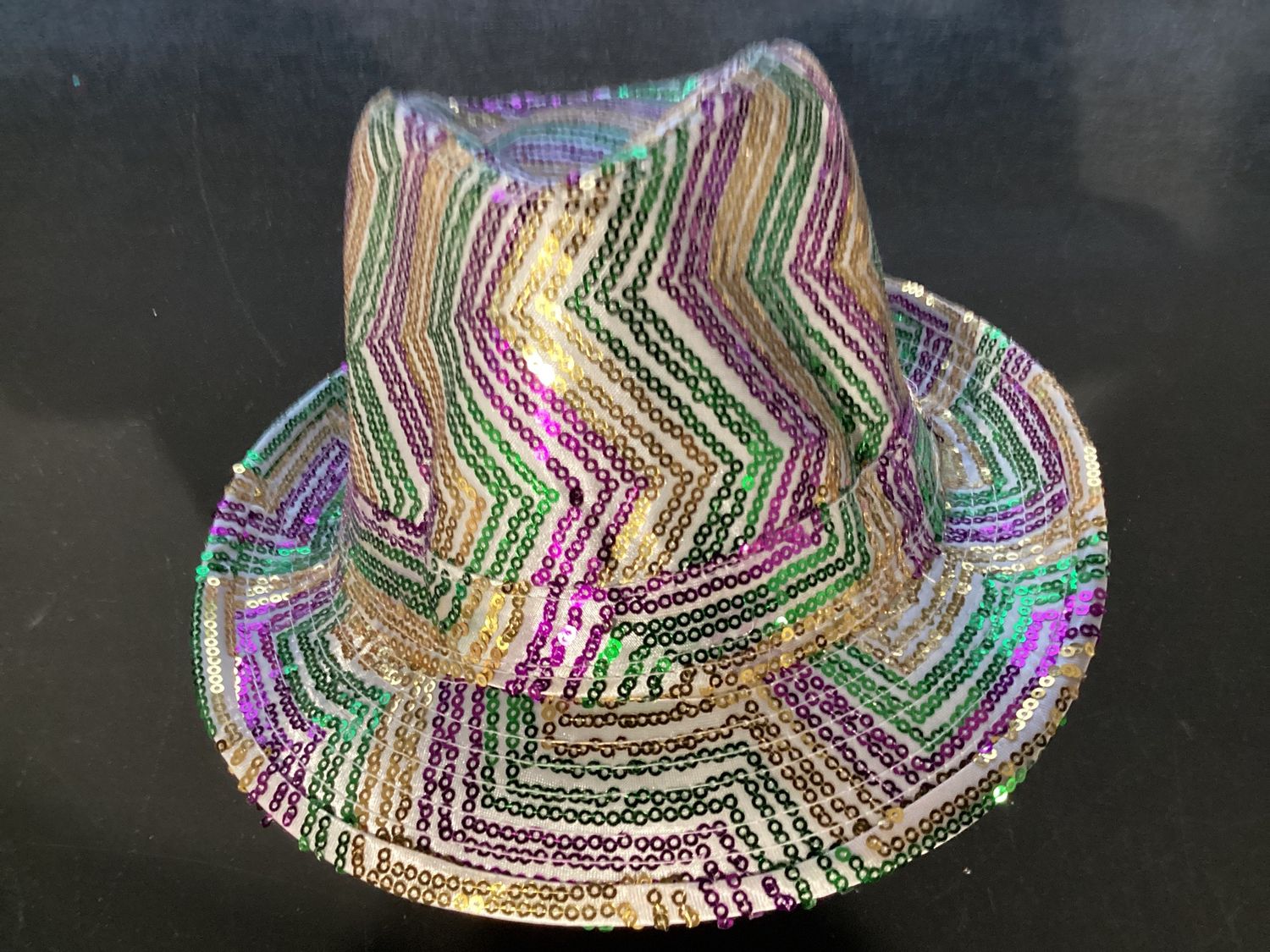 Purple, Green and Gold Sequins Zig Zag Stripes on White Fedora (Each) 24