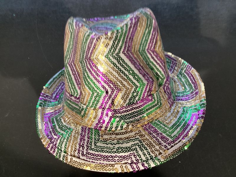 Purple, Green and Gold Sequins Zig Zag Stripes on White Fedora (Each) 24