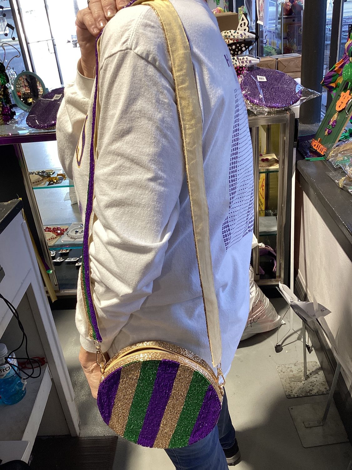 Purple, Green, and Gold Circle Mardi Gras Bead Bag with Strap (Each)