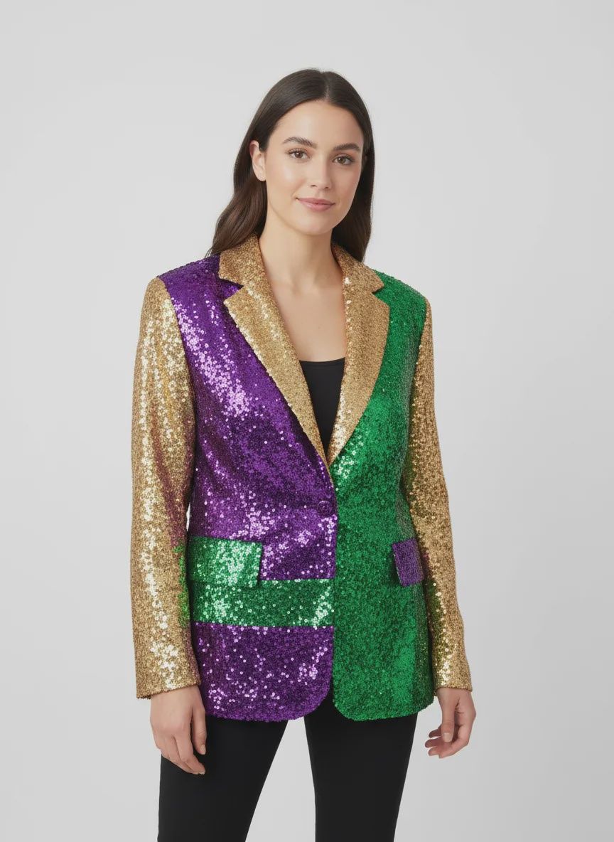 Purple, Green, And Gold Mardi Gras Color Block Sequin Jacket - Large (Each)