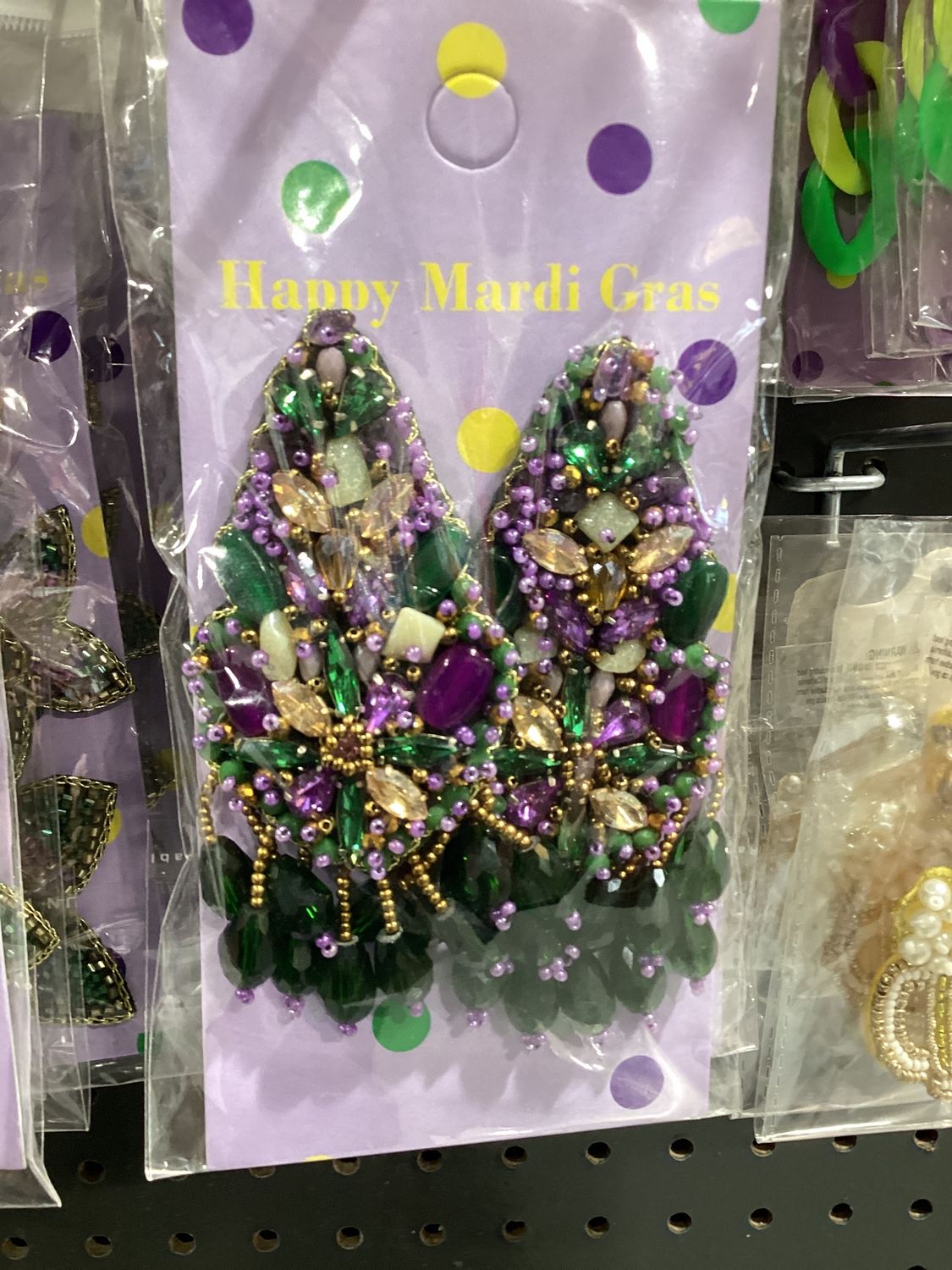 Purple, Green, and Gold Rhinestone Beaded Earrings with Fringe (Pair)