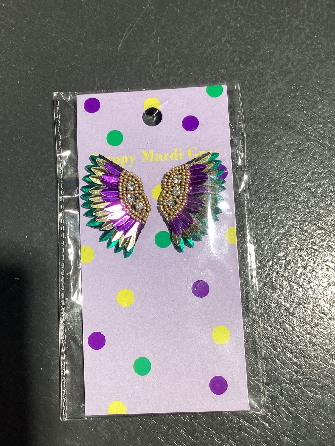 Purple, Green, and Gold Feathered Beaded Earrings (Pair)