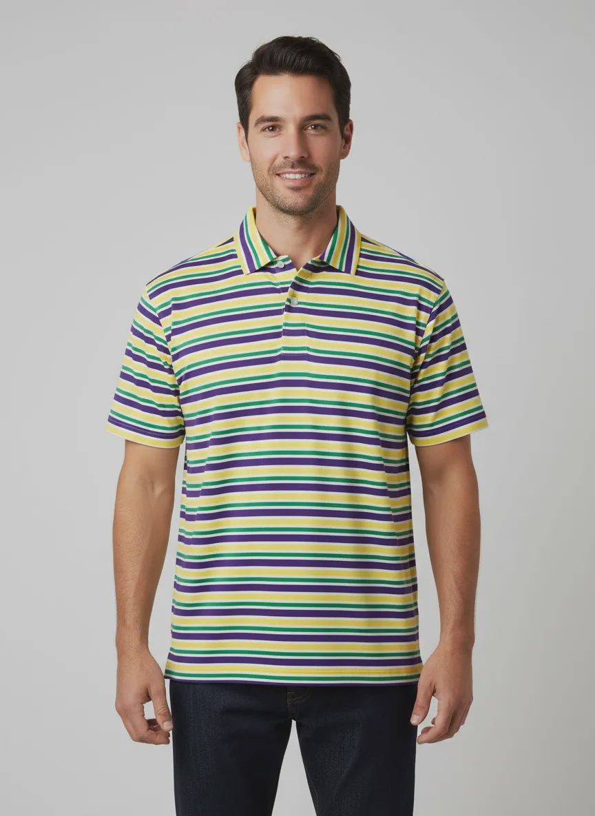 Purple, Green, and Gold Stripe UPF 50 Men's Short Sleeve Polo - Medium (Each)