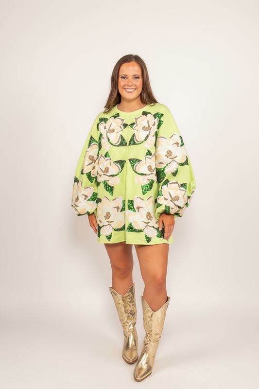 QOS Light Green Magnolias Dress - Large