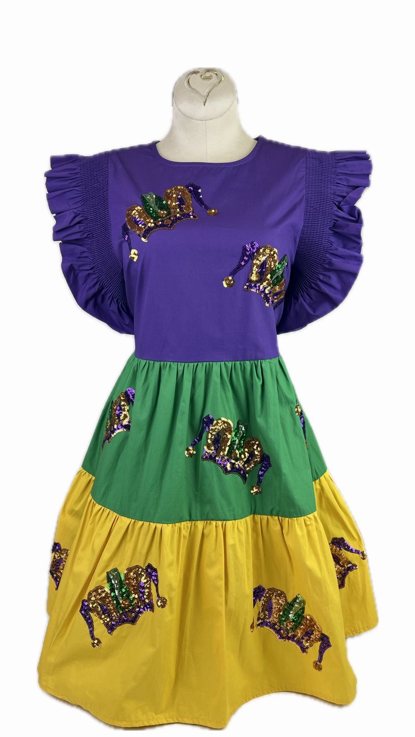 Purple, Green, and Yellow Color Block Tiered Poplin Dress with Sequin Crowns - Small (Each)