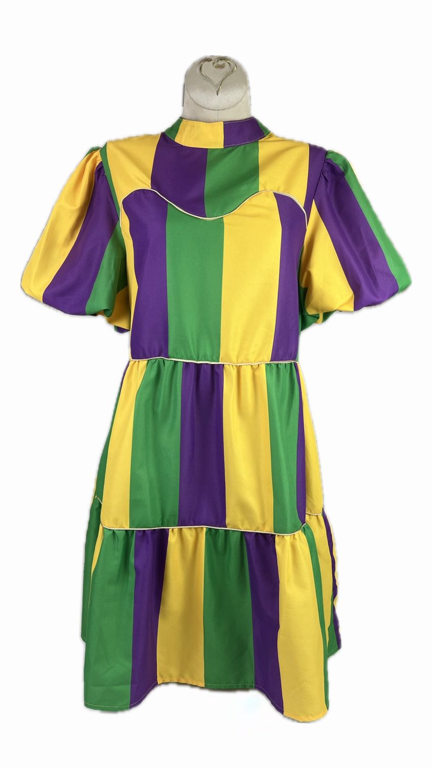 Purple, Green, and Yellow Striped Tiered Dress with Puff Sleeve - Medium (Each)