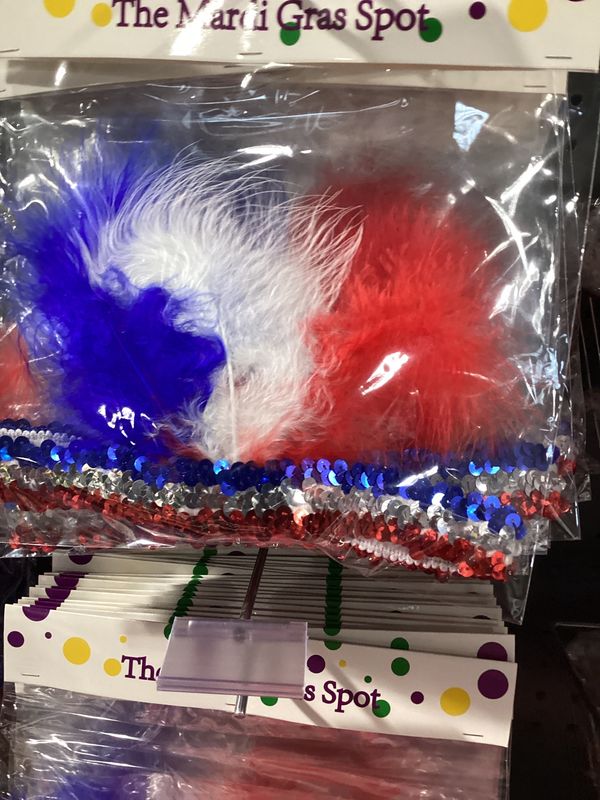 Red, Blue and Silver Sequin Headband with Red, Blue and White Feathers (Each)