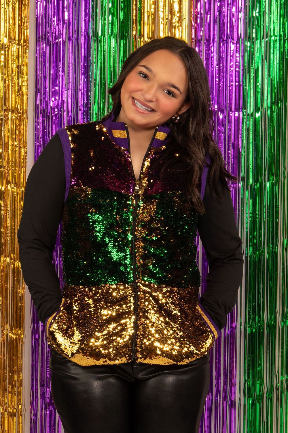Sequin Vest Purple, Green, and Gold Stripe Adult - Medium