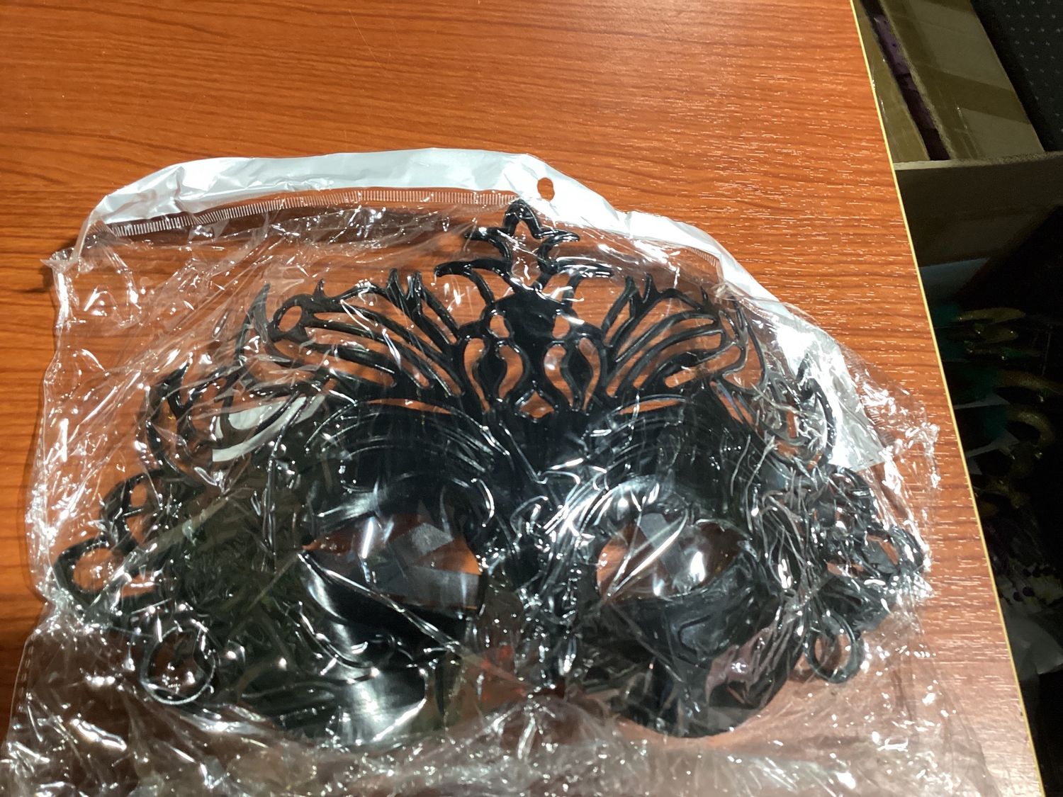 Shiny Black Ornate Mask with Ribbon Tie (Each)