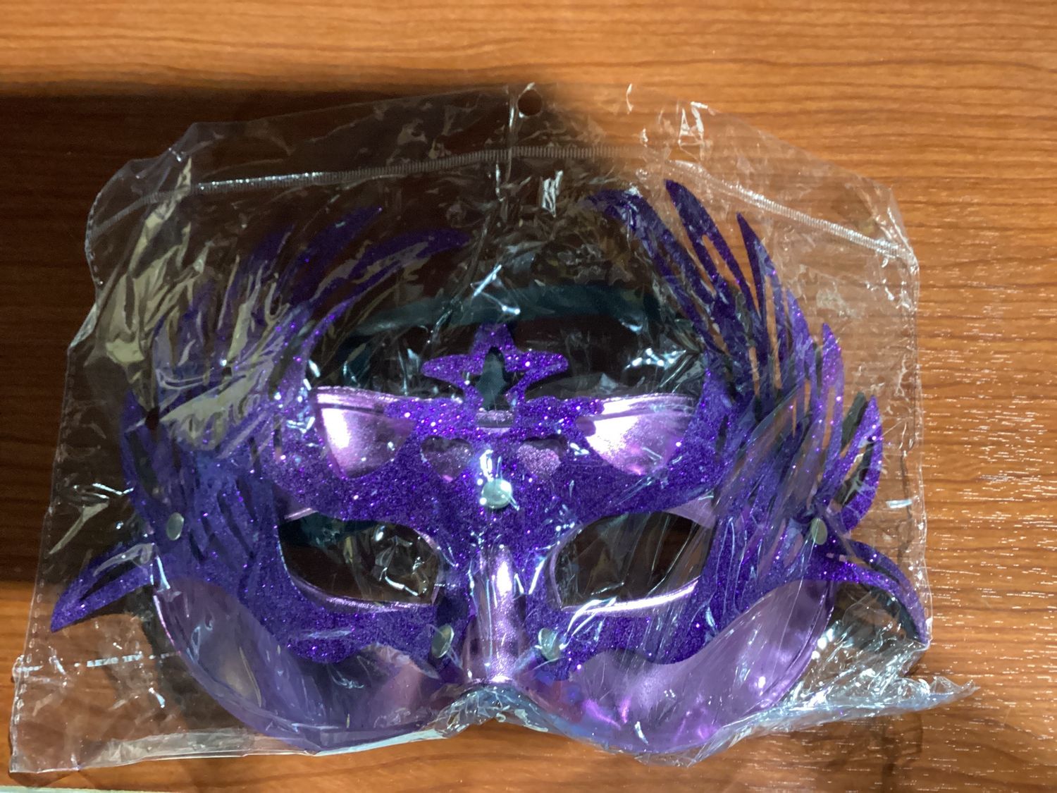 Shiny Purple Masquerade Mask with Attached Purple Glittered Accent and Ribbon Tie (Each)