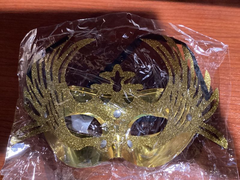 Shiny Gold Masquerade Mask with Attached Gold Glittered Accent and Ribbon Tie (Each)