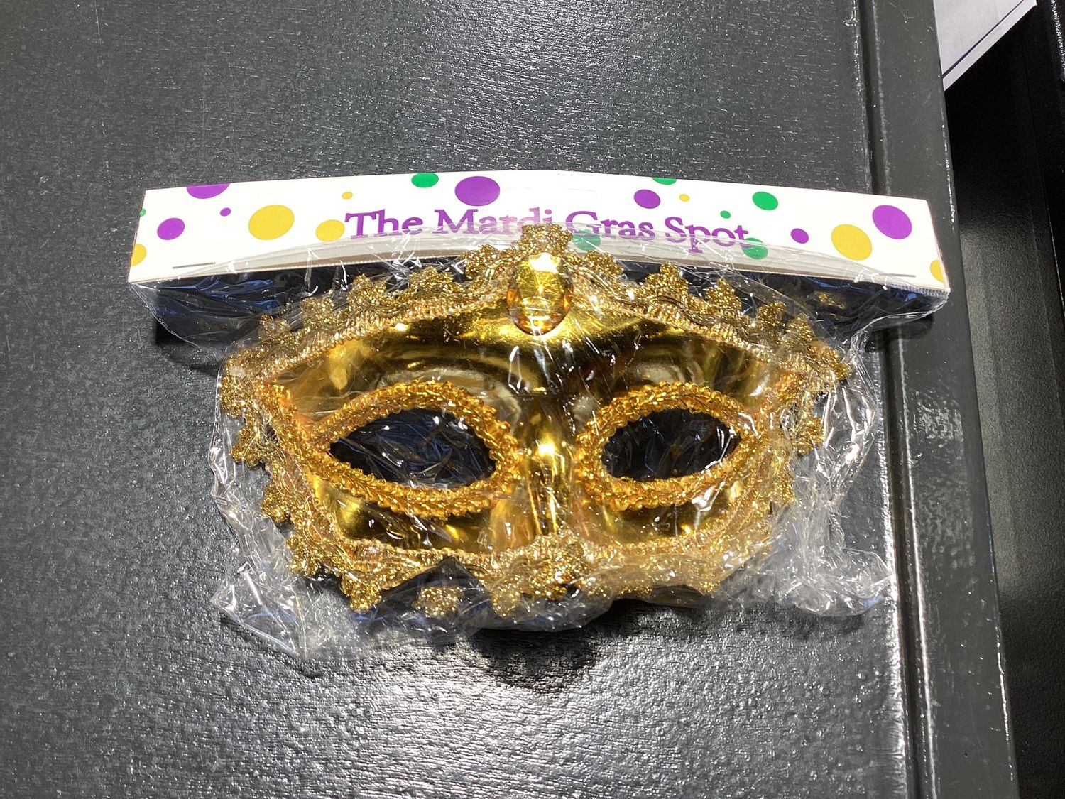 Shiny Gold Mask with Gold Jewel with Ribbon Tie (Each)